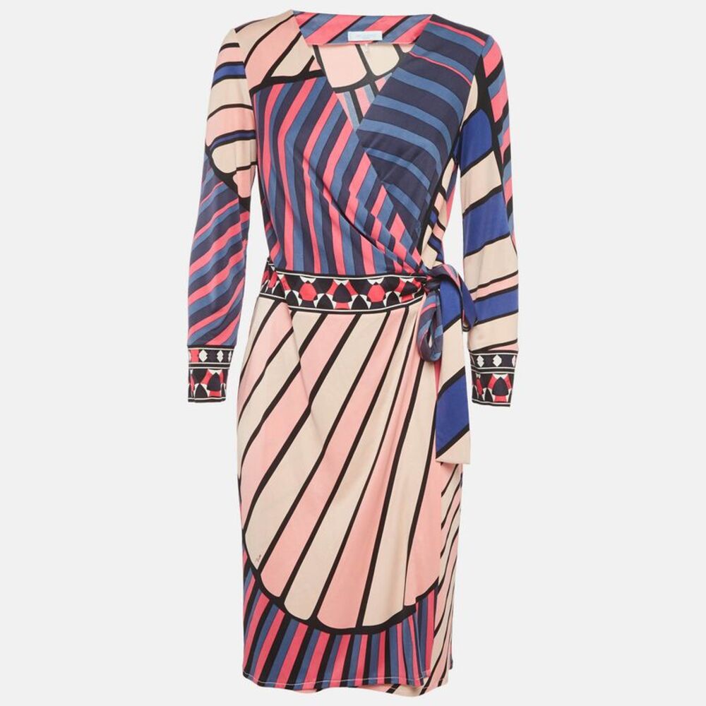 Emilio Pucci Pink Stripe Print Jersey Midi Wrap Dress L